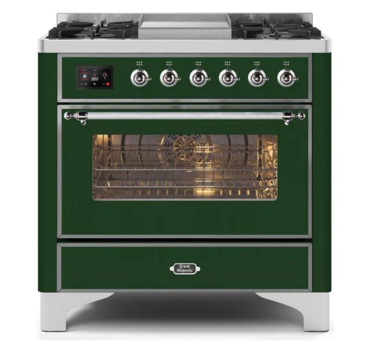 ILVE 36 Inch Majestic II Series Dual Fuel Natural Gas Range with 6 Burners and Griddle with 3.5 cu. ft. Oven Capacity TFT Oven Control Display (UM09FDNS3)