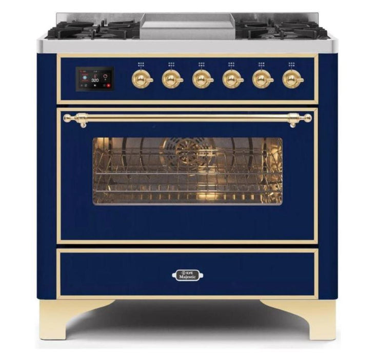 ILVE 36 Inch Majestic II Series Dual Fuel Natural Gas Range with 6 Burners and Griddle with 3.5 cu. ft. Oven Capacity TFT Oven Control Display (UM09FDNS3)