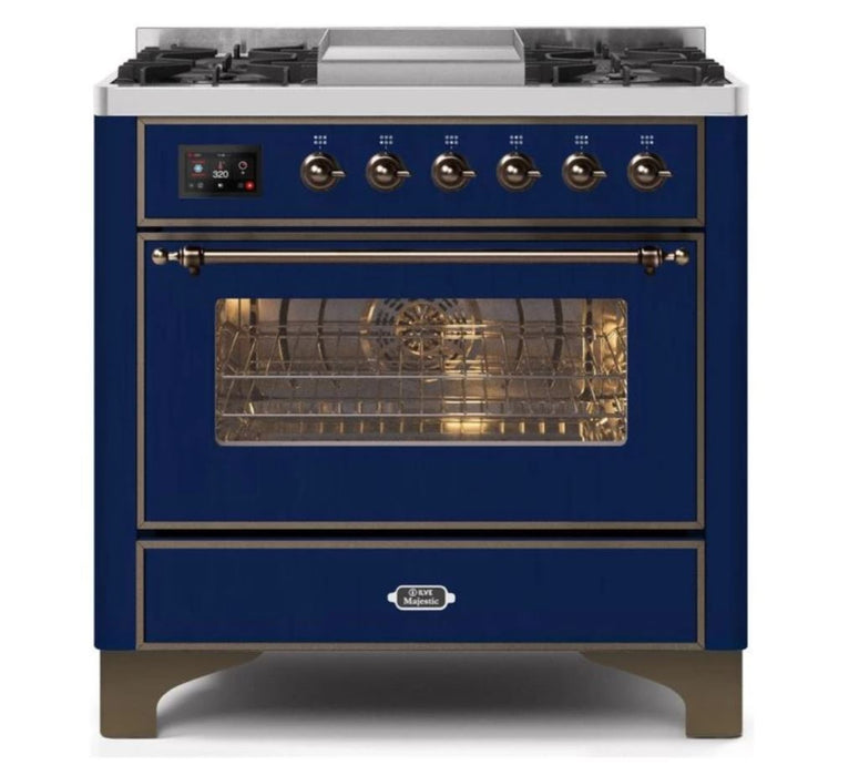 ILVE 36 Inch Majestic II Series Dual Fuel Natural Gas Range with 6 Burners and Griddle with 3.5 cu. ft. Oven Capacity TFT Oven Control Display (UM09FDNS3)