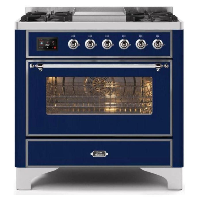 ILVE 36 Inch Majestic II Series Dual Fuel Natural Gas Range with 6 Burners and Griddle with 3.5 cu. ft. Oven Capacity TFT Oven Control Display (UM09FDNS3)