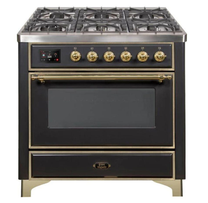 ILVE 36 Inch Majestic II Series Dual Fuel Natural Gas Range with 6 Burners and Griddle with 3.5 cu. ft. Oven Capacity TFT Oven Control Display (UM09FDNS3)