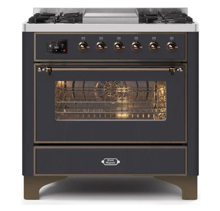 ILVE 36 Inch Majestic II Series Dual Fuel Natural Gas Range with 6 Burners and Griddle with 3.5 cu. ft. Oven Capacity TFT Oven Control Display (UM09FDNS3)