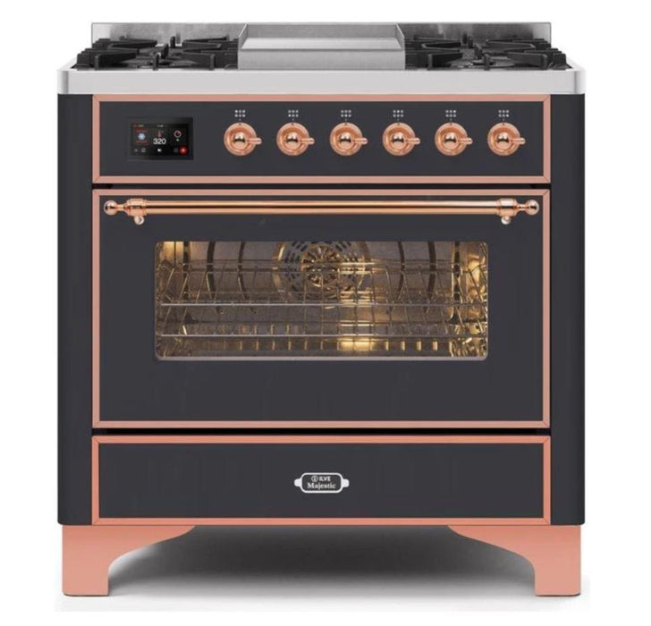 ILVE 36 Inch Majestic II Series Dual Fuel Natural Gas Range with 6 Burners and Griddle with 3.5 cu. ft. Oven Capacity TFT Oven Control Display (UM09FDNS3)