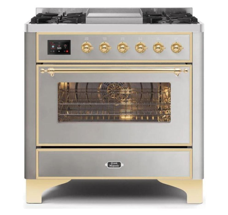 ILVE 36 Inch Majestic II Series Dual Fuel Natural Gas Range with 6 Burners and Griddle with 3.5 cu. ft. Oven Capacity TFT Oven Control Display (UM09FDNS3)