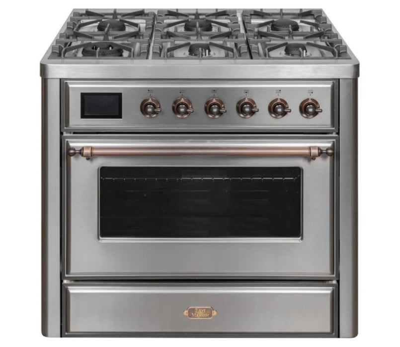 ILVE 36 Inch Majestic II Series Dual Fuel Natural Gas Range with 6 Burners and Griddle with 3.5 cu. ft. Oven Capacity TFT Oven Control Display (UM09FDNS3)