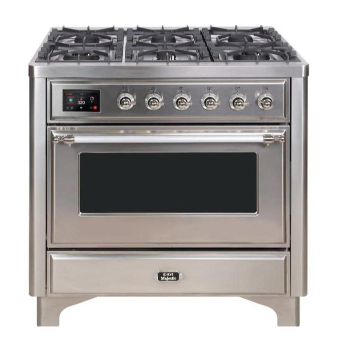 ILVE 36 Inch Majestic II Series Dual Fuel Natural Gas Range with 6 Burners and Griddle with 3.5 cu. ft. Oven Capacity TFT Oven Control Display (UM09FDNS3)