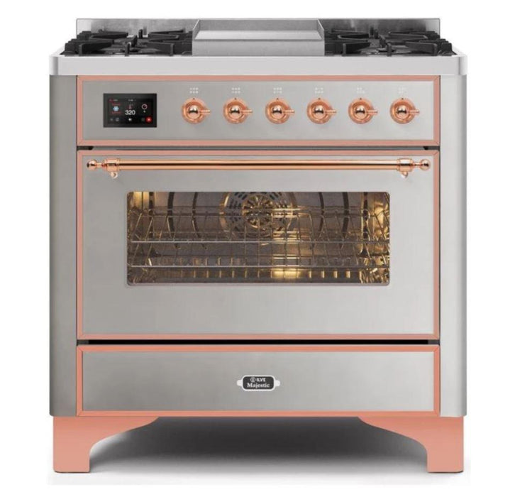 ILVE 36 Inch Majestic II Series Dual Fuel Natural Gas Range with 6 Burners and Griddle with 3.5 cu. ft. Oven Capacity TFT Oven Control Display (UM09FDNS3)