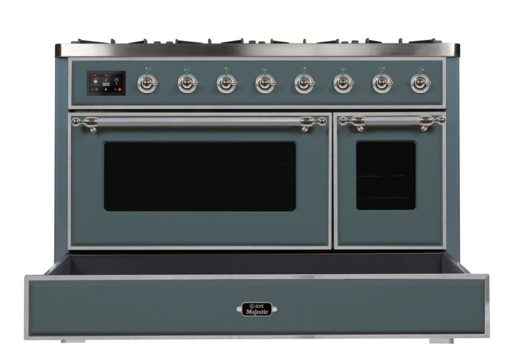 ILVE 48 Inch Majestic II Series Freestanding Dual Fuel Double Oven Range with 8 Sealed Burners, Triple Glass Cool Door, Convection Oven (UM12FDNS)