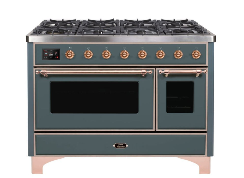 ILVE 48 Inch Majestic II Series Freestanding Dual Fuel Double Oven Range with 8 Sealed Burners, Triple Glass Cool Door, Convection Oven (UM12FDNS)