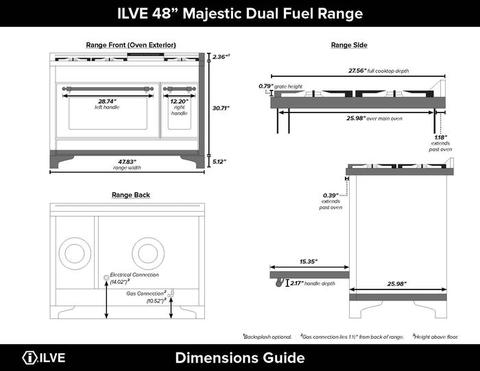 ILVE 48 Inch Majestic II Series Freestanding Dual Fuel Double Oven Range with 8 Sealed Burners, Triple Glass Cool Door, Convection Oven (UM12FDNS)