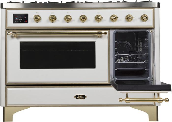 ILVE 48 Inch Majestic II Series Freestanding Dual Fuel Double Oven Range with 8 Sealed Burners, Triple Glass Cool Door, Convection Oven (UM12FDNS)