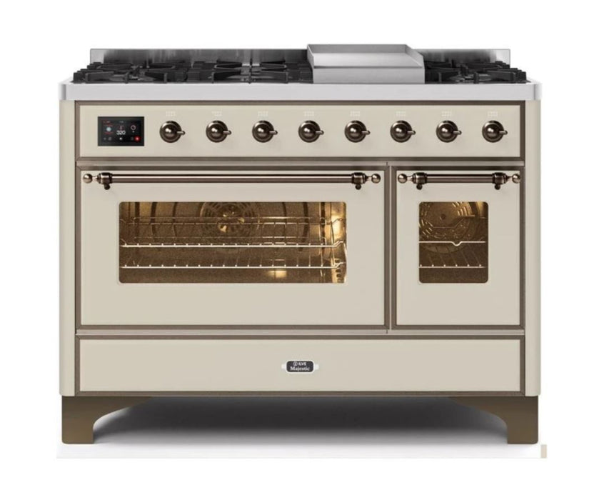 ILVE 48 Inch Majestic II Series Freestanding Dual Fuel Double Oven Range with 8 Sealed Burners, Triple Glass Cool Door, Convection Oven (UM12FDNS)