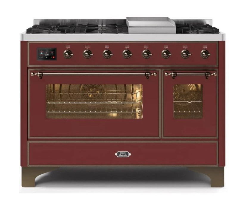 ILVE 48 Inch Majestic II Series Freestanding Dual Fuel Double Oven Range with 8 Sealed Burners, Triple Glass Cool Door, Convection Oven (UM12FDNS)