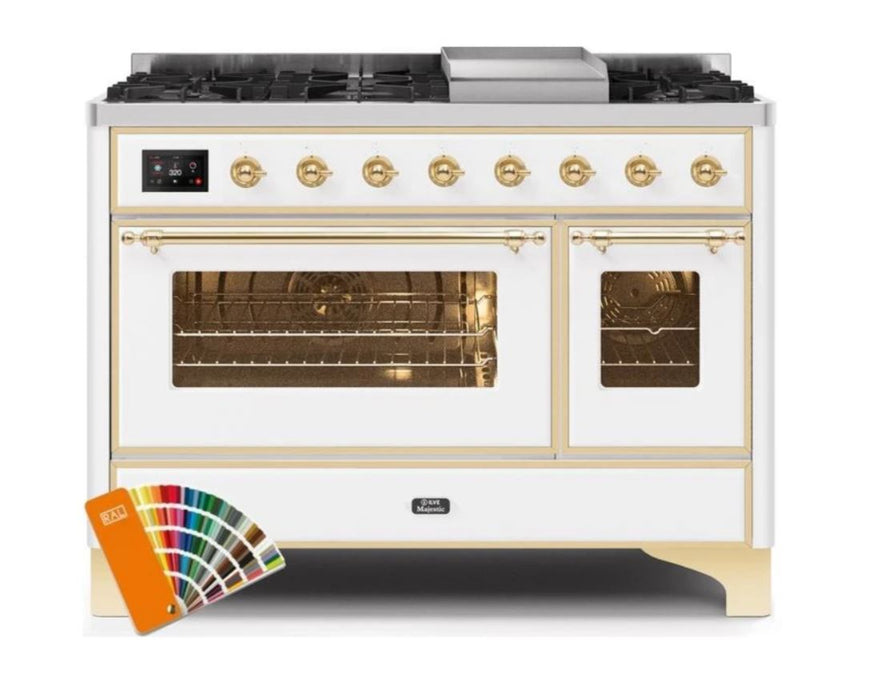 ILVE 48 Inch Majestic II Series Freestanding Dual Fuel Double Oven Range with 8 Sealed Burners, Triple Glass Cool Door, Convection Oven (UM12FDNS)