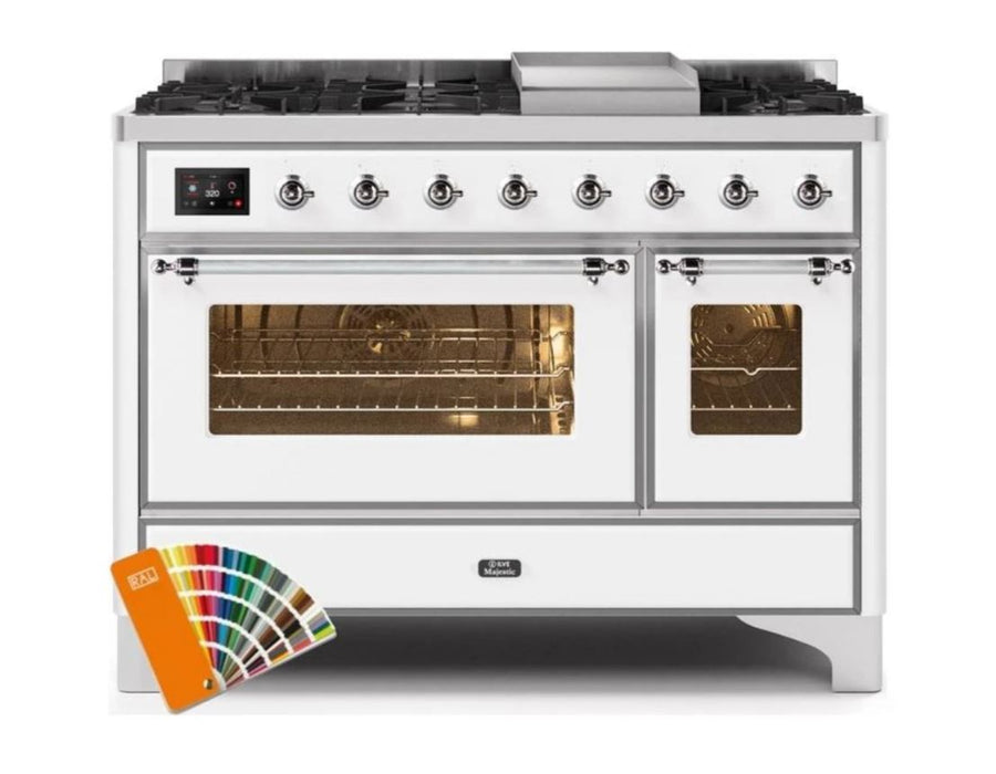 ILVE 48 Inch Majestic II Series Freestanding Dual Fuel Double Oven Range with 8 Sealed Burners, Triple Glass Cool Door, Convection Oven (UM12FDNS)