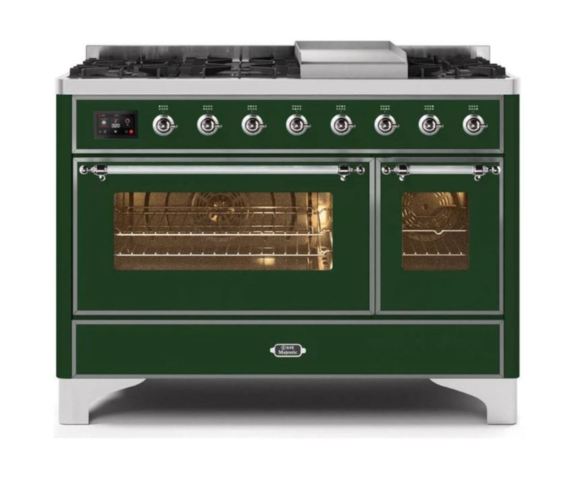 ILVE 48 Inch Majestic II Series Freestanding Dual Fuel Double Oven Range with 8 Sealed Burners, Triple Glass Cool Door, Convection Oven (UM12FDNS)