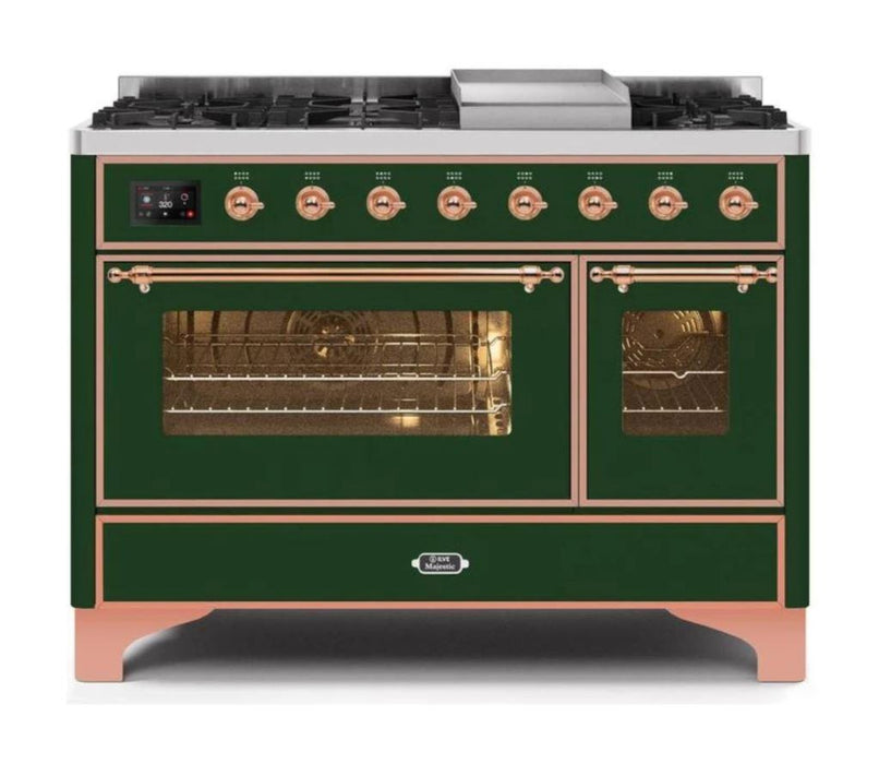 ILVE 48 Inch Majestic II Series Freestanding Dual Fuel Double Oven Range with 8 Sealed Burners, Triple Glass Cool Door, Convection Oven (UM12FDNS)