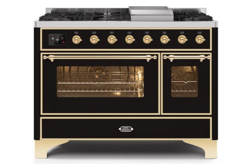 ILVE 48 Inch Majestic II Series Freestanding Dual Fuel Double Oven Range with 8 Sealed Burners, Triple Glass Cool Door, Convection Oven (UM12FDNS)