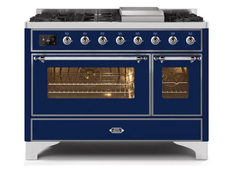 ILVE 48 Inch Majestic II Series Freestanding Dual Fuel Double Oven Range with 8 Sealed Burners, Triple Glass Cool Door, Convection Oven (UM12FDNS)