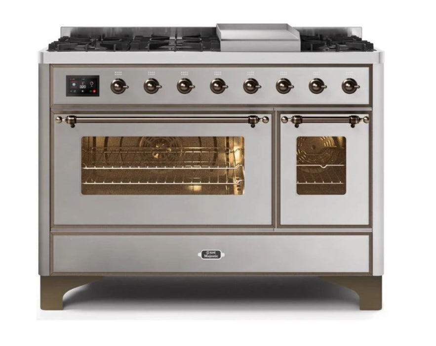 ILVE 48 Inch Majestic II Series Freestanding Dual Fuel Double Oven Range with 8 Sealed Burners, Triple Glass Cool Door, Convection Oven (UM12FDNS)