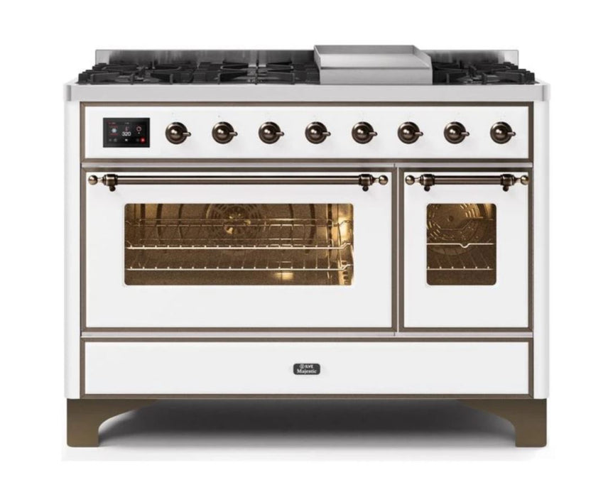 ILVE 48 Inch Majestic II Series Freestanding Dual Fuel Double Oven Range with 8 Sealed Burners, Triple Glass Cool Door, Convection Oven (UM12FDNS)