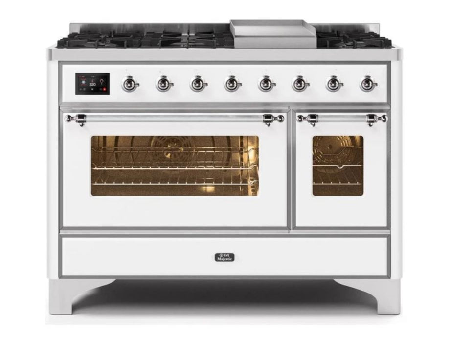 ILVE 48 Inch Majestic II Series Freestanding Dual Fuel Double Oven Range with 8 Sealed Burners, Triple Glass Cool Door, Convection Oven (UM12FDNS)