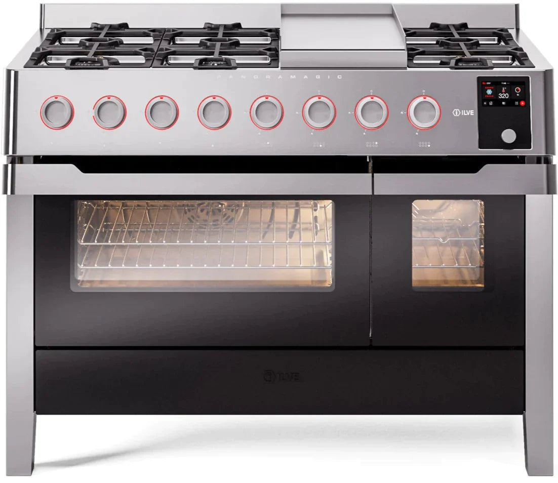 ILVE 48" Panoramagic Series Freestanding Double Oven Dual Fuel Range with 8 Sealed Burners and Griddle - UPM12FDS3