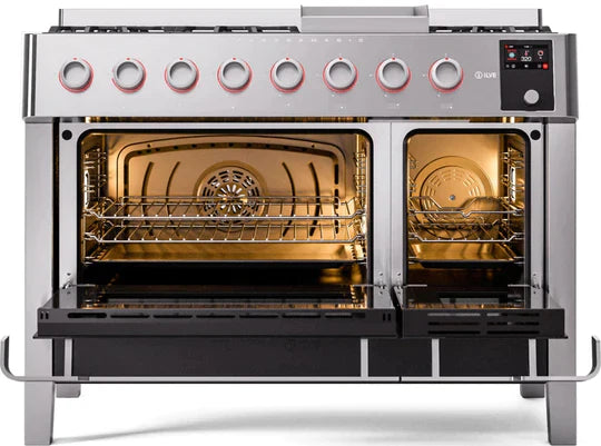 ILVE 48" Panoramagic Series Freestanding Double Oven Dual Fuel Range with 8 Sealed Burners and Griddle - UPM12FDS3