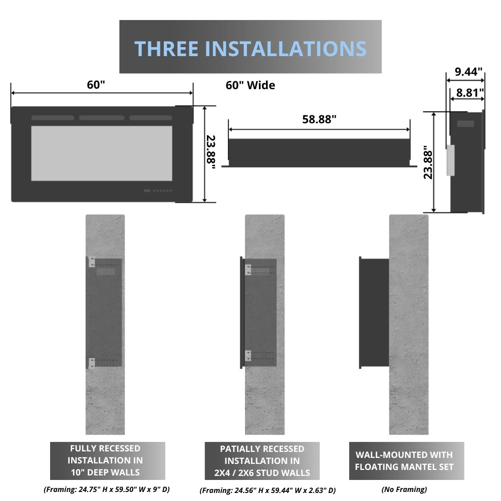 Modern Flames Orion Multi 3-Sided Built-In/Wall-Mounted Electric Fireplace.