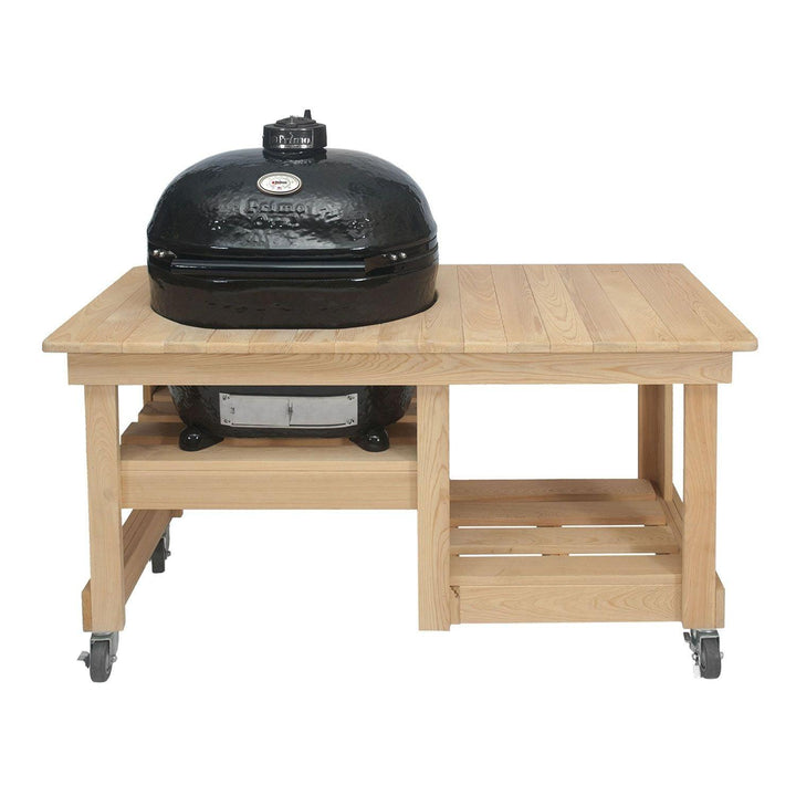 Primo Oval Large 300 Ceramic Kamado Grill on Cypress Countertop Table.