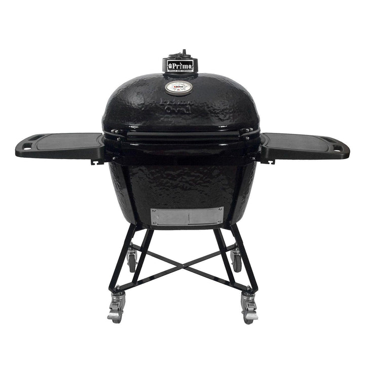 Primo Oval XL 400 Ceramic Kamado Grill with Cradle & Side Shelves.