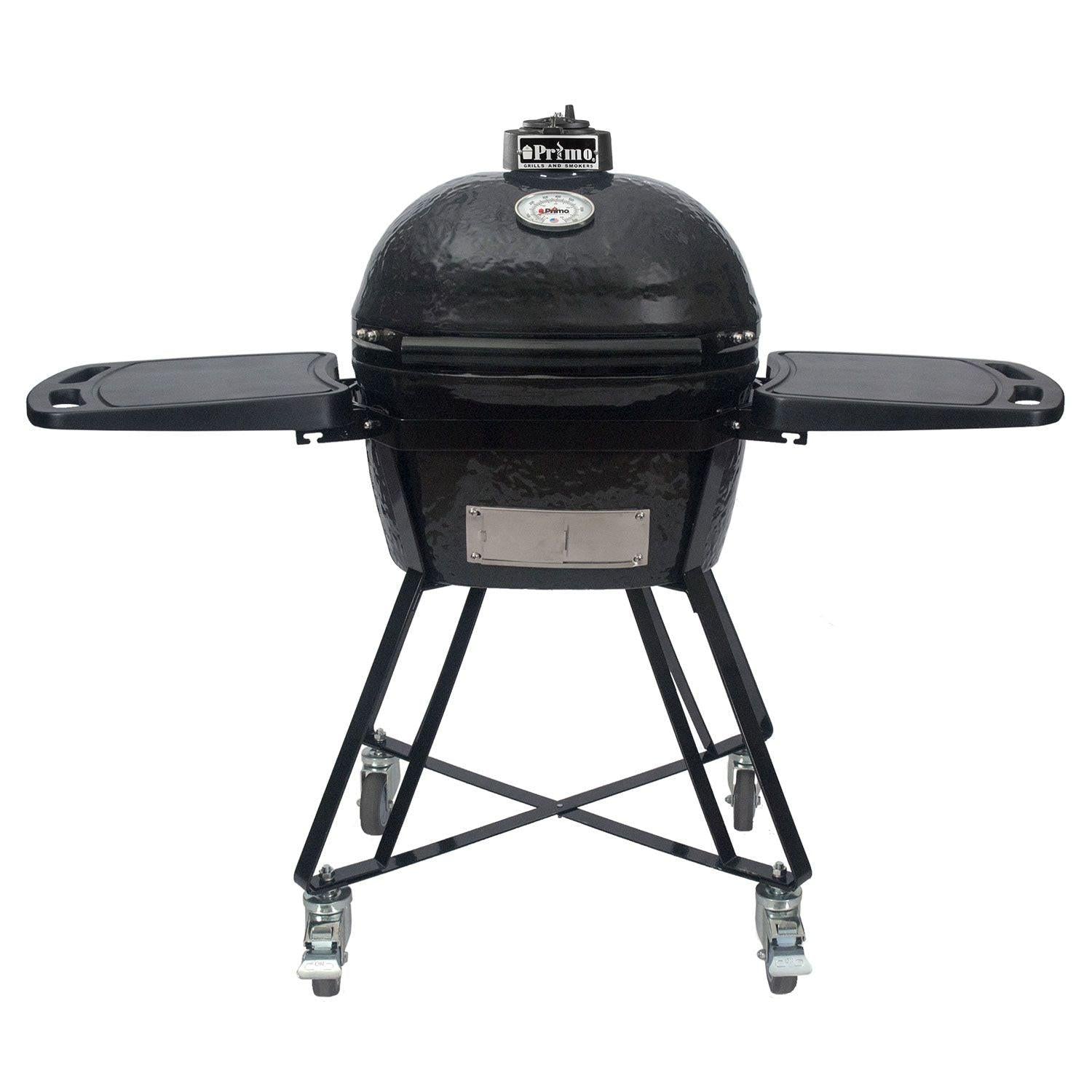 Primo Oval Junior 200 Ceramic Kamado Grill with Cradle & Side Shelves.