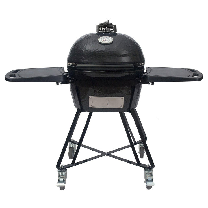 Primo Oval Junior 200 Ceramic Kamado Grill with Cradle & Side Shelves.
